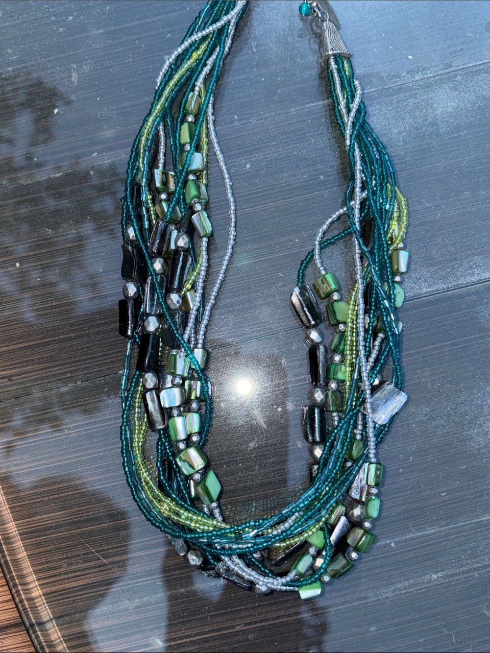 Layered Green/ blue Multi-Strand Beaded Necklace with Mixed Stone Accents